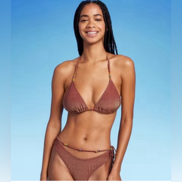 Women's Beaded Strap Triangle Bikini Top & Beaded Side-Tie Cheeky Bikini Bottom - Picture 6 of 6